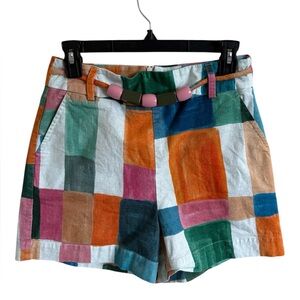 Multicoloured patchwork linen shorts with earth stone belt